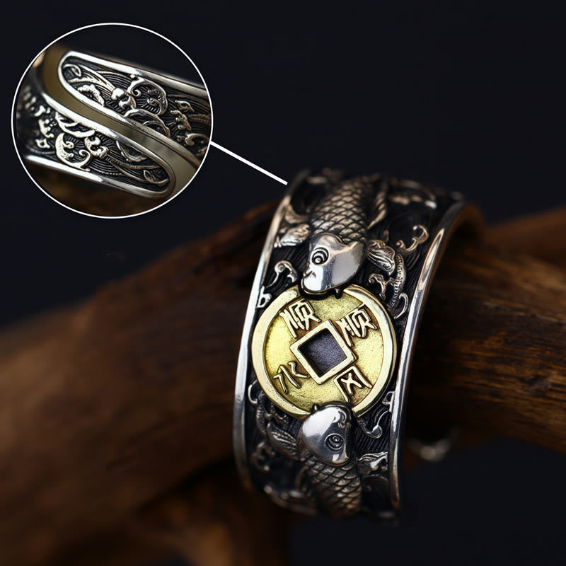 KarmaRipple's Adjustable Opening 925 Sterling Silver Fortunate Koi Fish Bronze Coin Auspicious Clouds Wealth Ring p16
