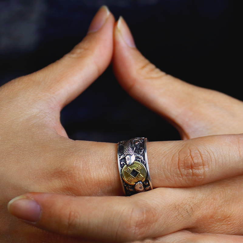 KarmaRipple's Adjustable Opening 925 Sterling Silver Fortunate Koi Fish Bronze Coin Auspicious Clouds Wealth Ring p17