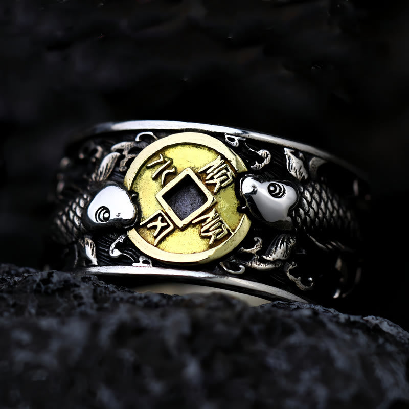 KarmaRipple's Adjustable Opening 925 Sterling Silver Fortunate Koi Fish Bronze Coin Auspicious Clouds Wealth Ring p22