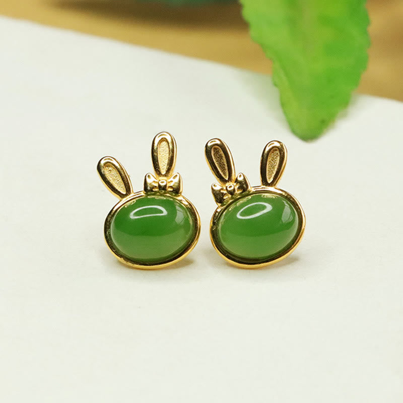 KarmaRipple's 925 Sterling Silver Hetian Cyan Jade Cute Rabbit Fortune Stud Earrings p1