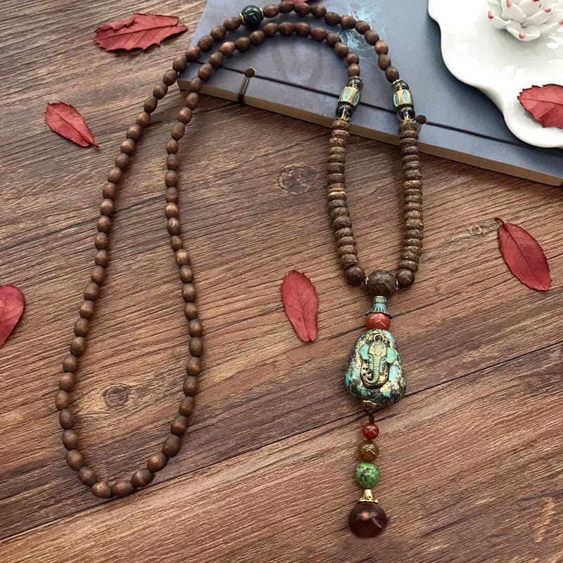 KarmaRipple's Tibetan Handmade Wenge Wood Protection Dzi Bead Elephant Head Pendant Necklace p11