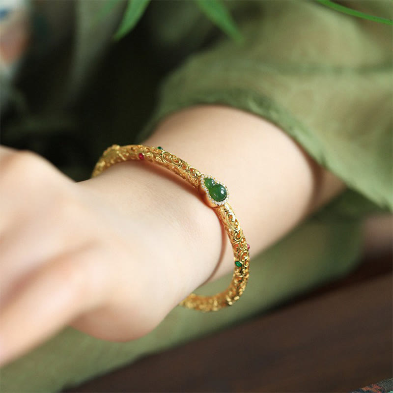 KarmaRipple's Cyan Jade Bronze Plated Gold Auspicious Clouds Gourd Fortune Bracelet Bangle p5