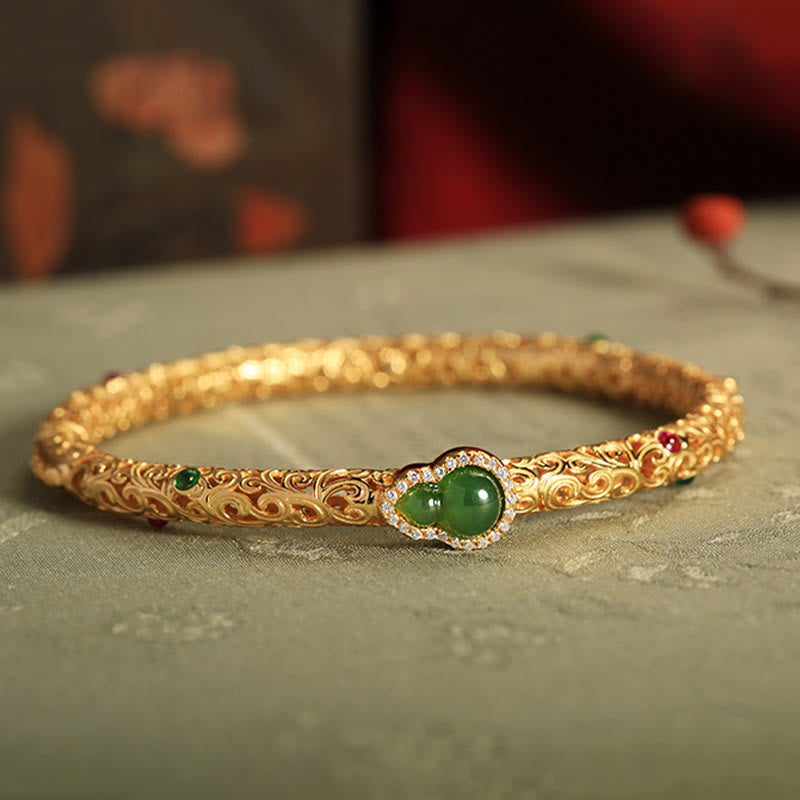 KarmaRipple's Cyan Jade Bronze Plated Gold Auspicious Clouds Gourd Fortune Bracelet Bangle p2