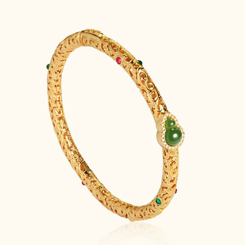 KarmaRipple's Cyan Jade Bronze Plated Gold Auspicious Clouds Gourd Fortune Bracelet Bangle p15