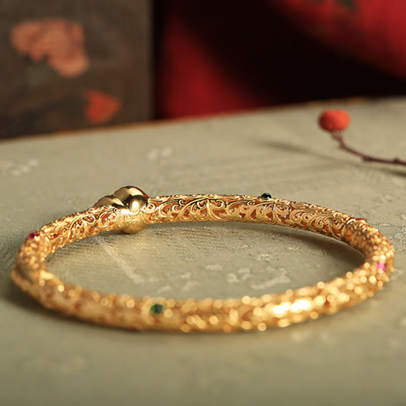 KarmaRipple's Cyan Jade Bronze Plated Gold Auspicious Clouds Gourd Fortune Bracelet Bangle p3