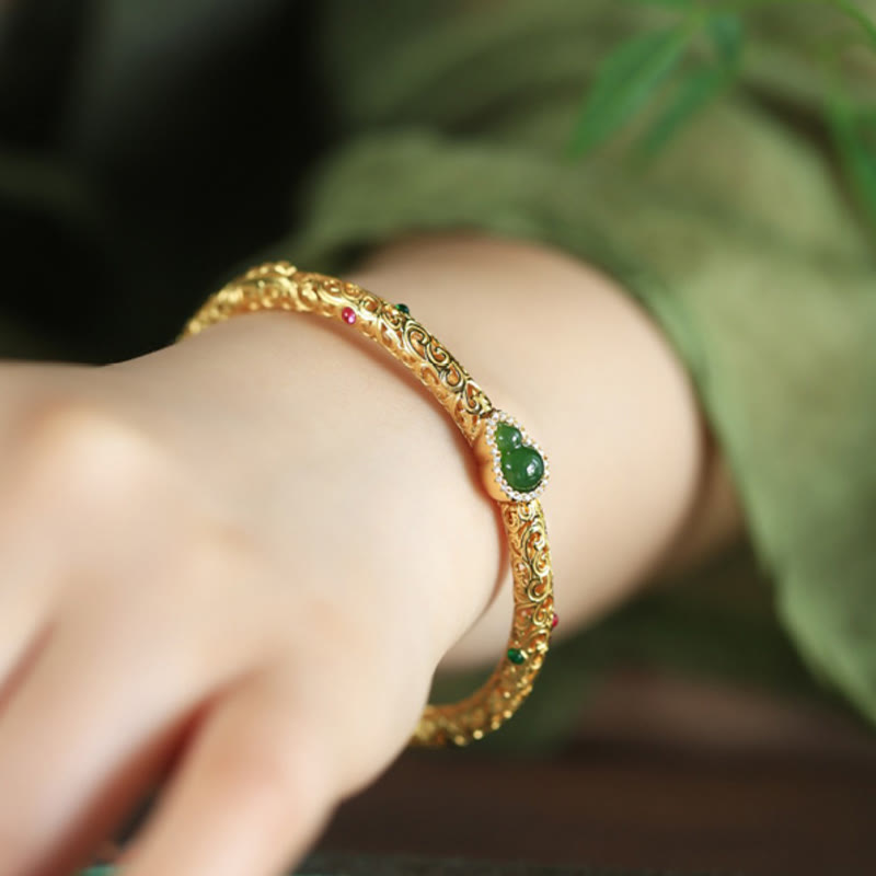 KarmaRipple's Cyan Jade Bronze Plated Gold Auspicious Clouds Gourd Fortune Bracelet Bangle p9