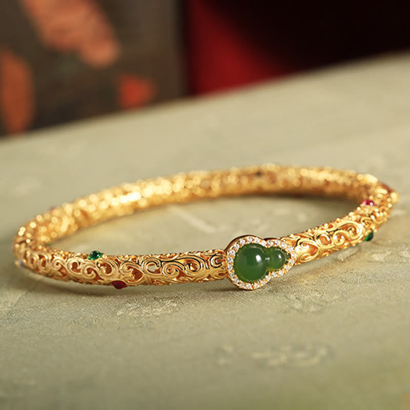 KarmaRipple's Cyan Jade Bronze Plated Gold Auspicious Clouds Gourd Fortune Bracelet Bangle p11