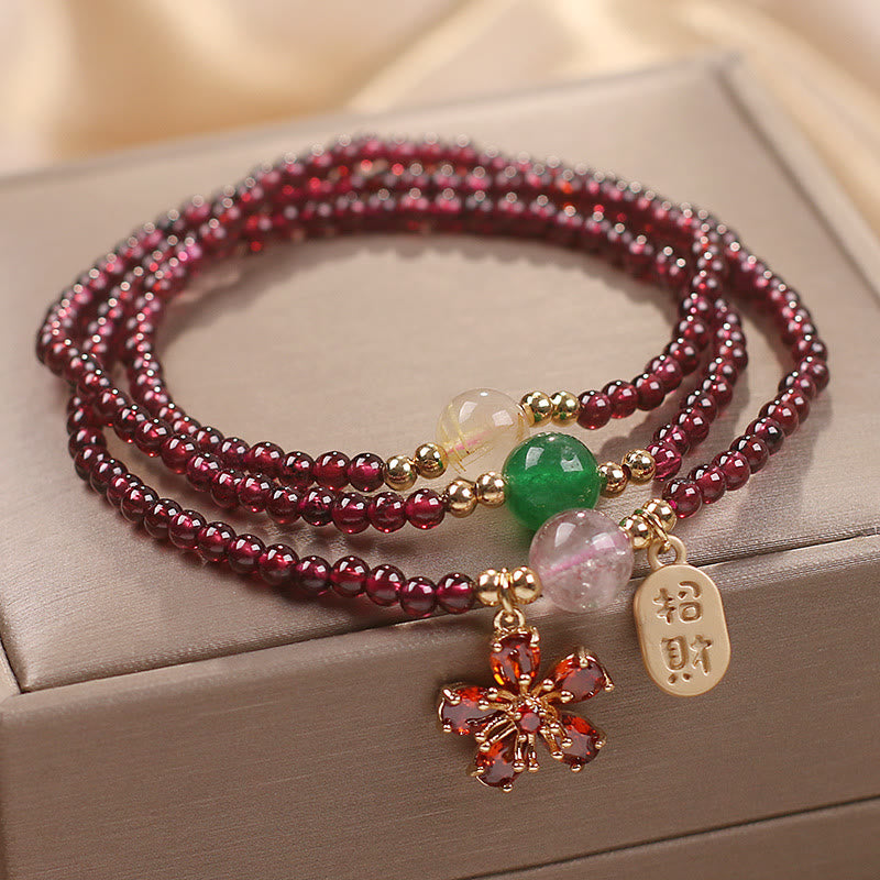 KarmaRipple's Authentic 3mm Ultra-thin Garnet Beadwork Cherry Blossom Flower Attract Fortune Protection Multilayer Bracelet p11