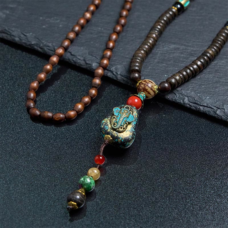 KarmaRipple's Tibetan Handmade Wenge Wood Protection Dzi Bead Elephant Head Pendant Necklace p12