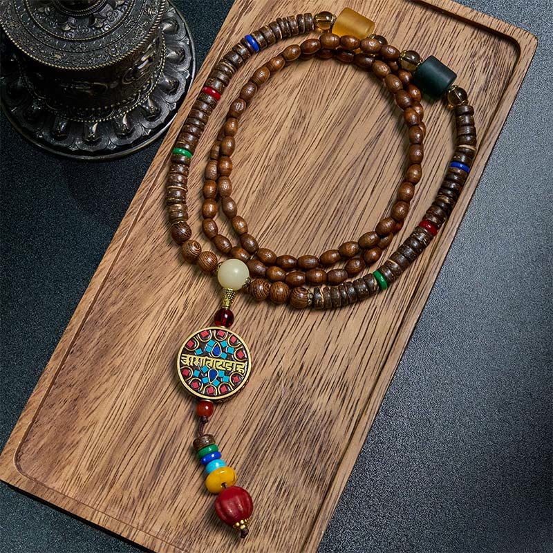 KarmaRipple's Tibetan Handmade Coconut Shell Schima Wood Great Bright Mantra Bronze Bead Balance Pendant Necklace p14