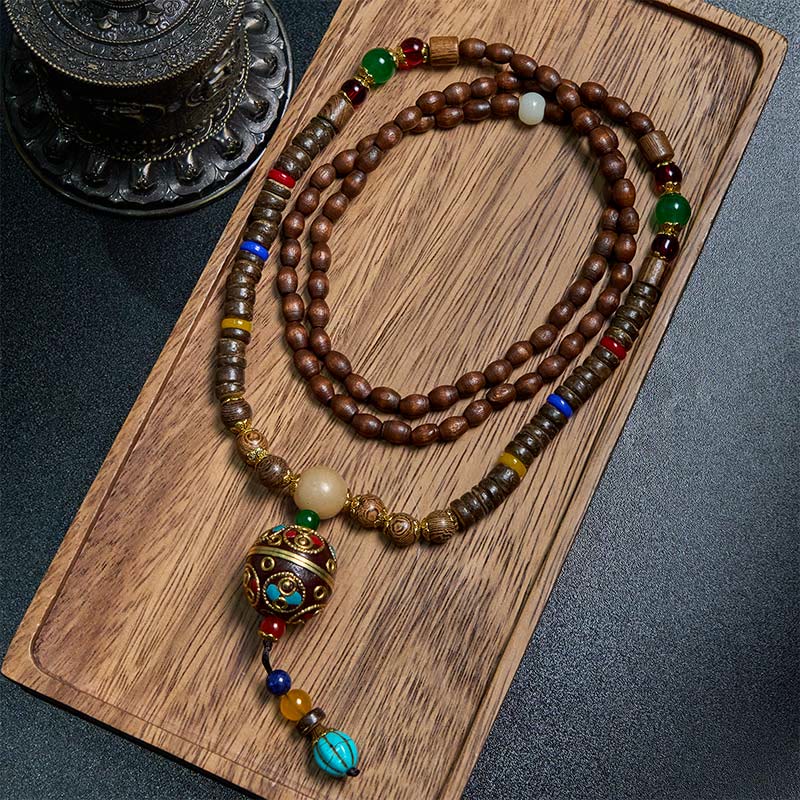 KarmaRipple's Tibetan Handmade Coconut Shell Schima Wood Great Bright Mantra Bronze Bead Balance Pendant Necklace p15