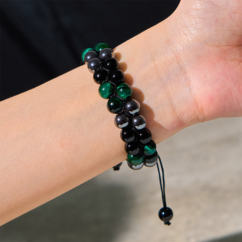 KarmaRipple's Authentic Green Tiger Eye Black Magnetite Black Obsidian Double Row Beadwork Positive Bracelet p5