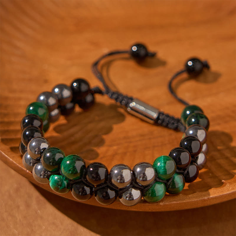 KarmaRipple's Authentic Green Tiger Eye Black Magnetite Black Obsidian Double Row Beadwork Positive Bracelet p2