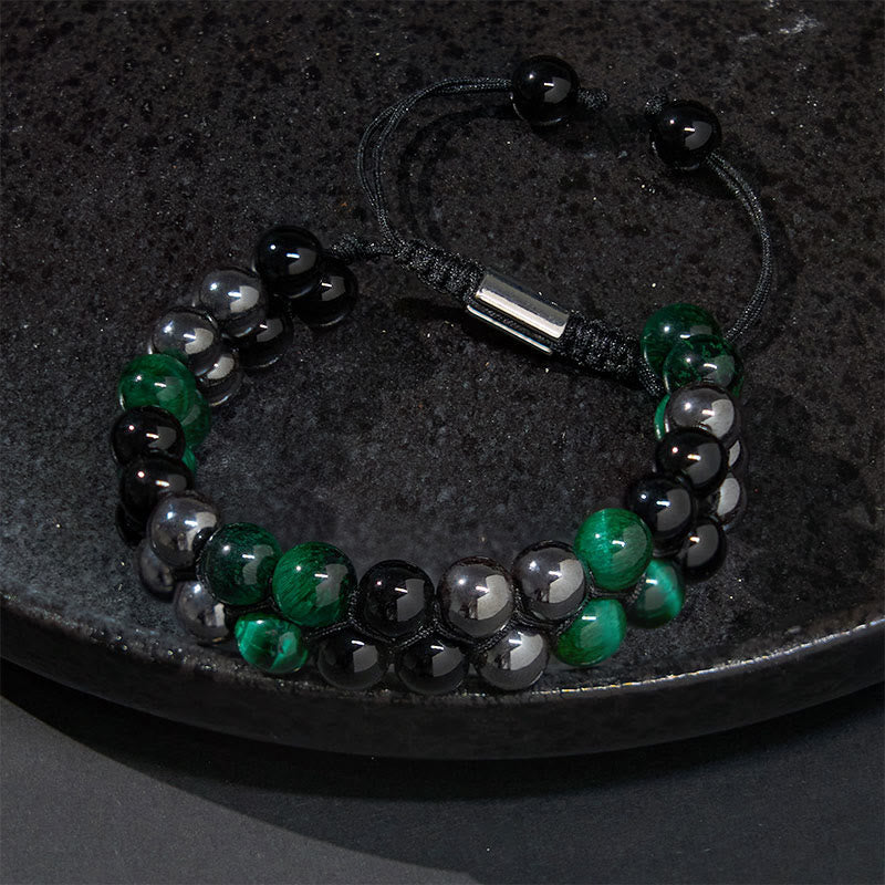 KarmaRipple's Authentic Green Tiger Eye Black Magnetite Black Obsidian Double Row Beadwork Positive Bracelet p3