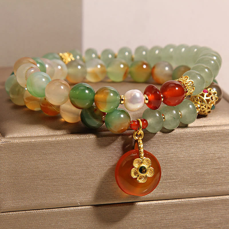 KarmaRipple's Authentic Colorful Peacock Agate Flower Peace Buckle Pearl Double Layer Support Bracelet p2