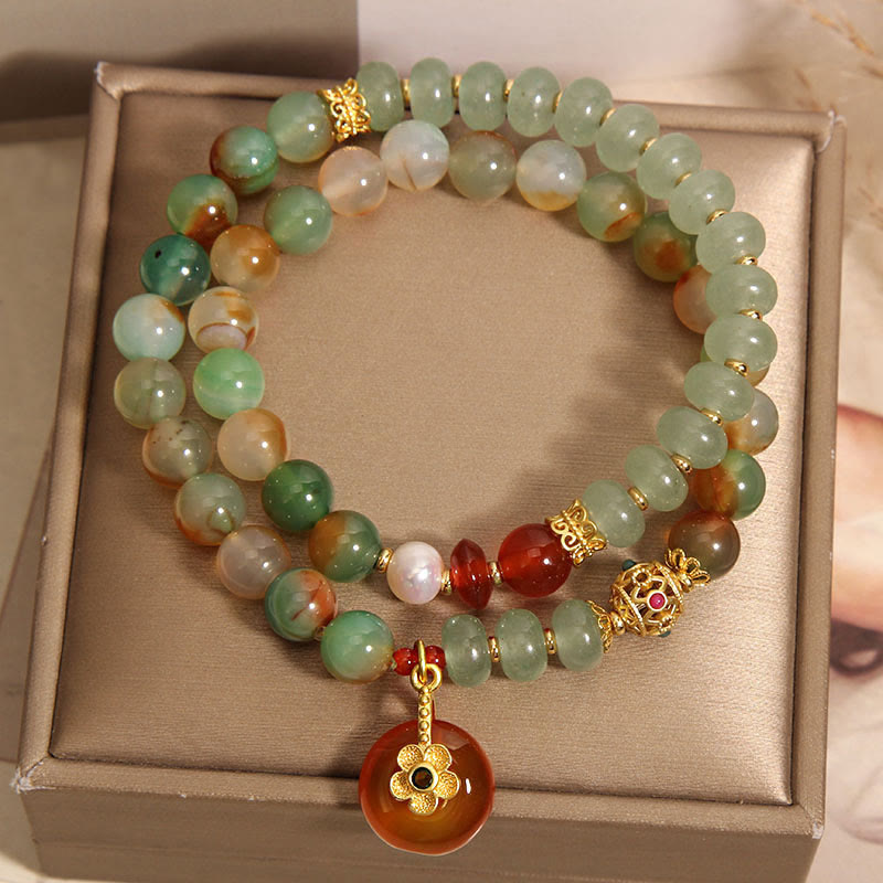 KarmaRipple's Authentic Colorful Peacock Agate Flower Peace Buckle Pearl Double Layer Support Bracelet p3