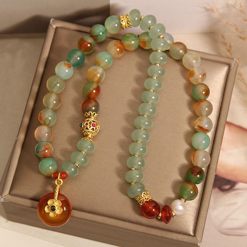 KarmaRipple's Authentic Colorful Peacock Agate Flower Peace Buckle Pearl Double Layer Support Bracelet p5
