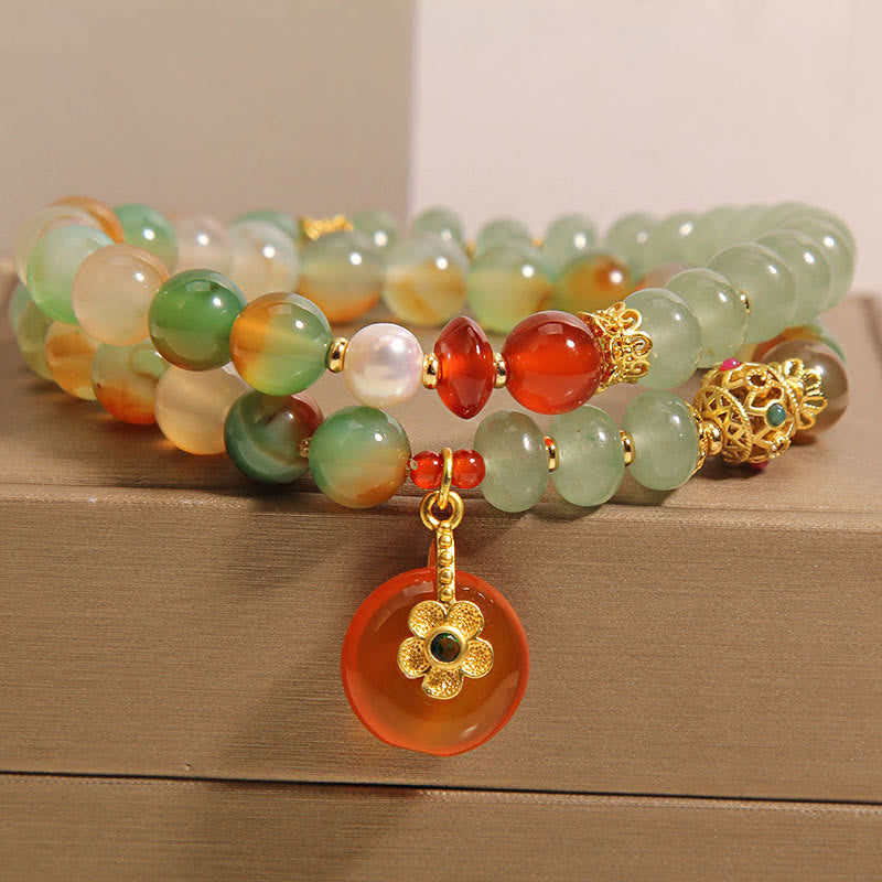 KarmaRipple's Authentic Colorful Peacock Agate Flower Peace Buckle Pearl Double Layer Support Bracelet p8