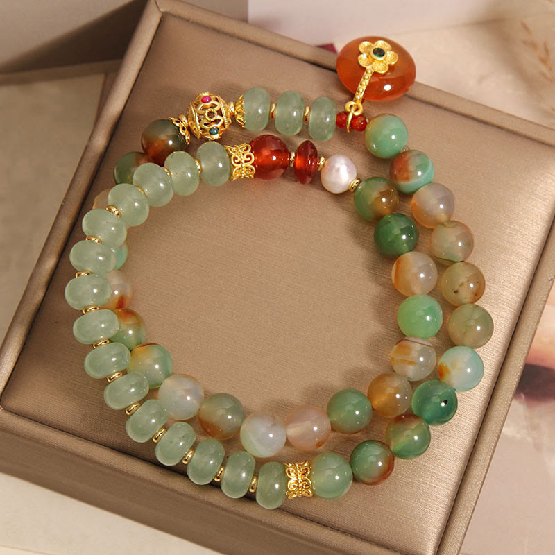 KarmaRipple's Authentic Colorful Peacock Agate Flower Peace Buckle Pearl Double Layer Support Bracelet p4