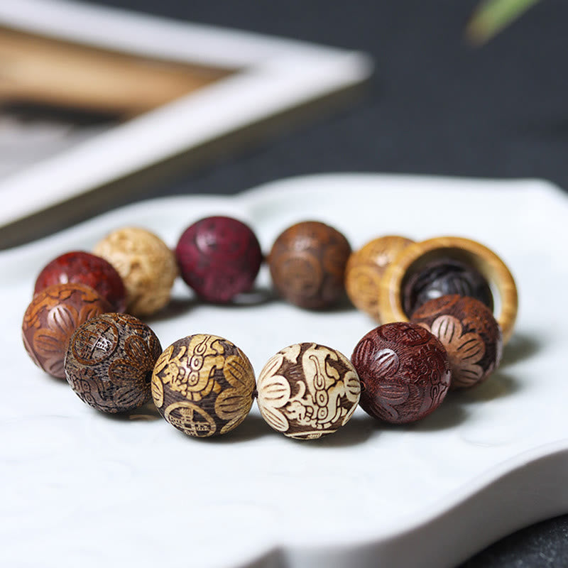 KarmaRipple's Carving Sandalwood Chinese Zodiac Auspicious Dragon Phoenix Fu Character Balancing Bracelet p20