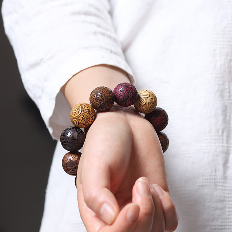 KarmaRipple's Carving Sandalwood Chinese Zodiac Auspicious Dragon Phoenix Fu Character Balancing Bracelet p10