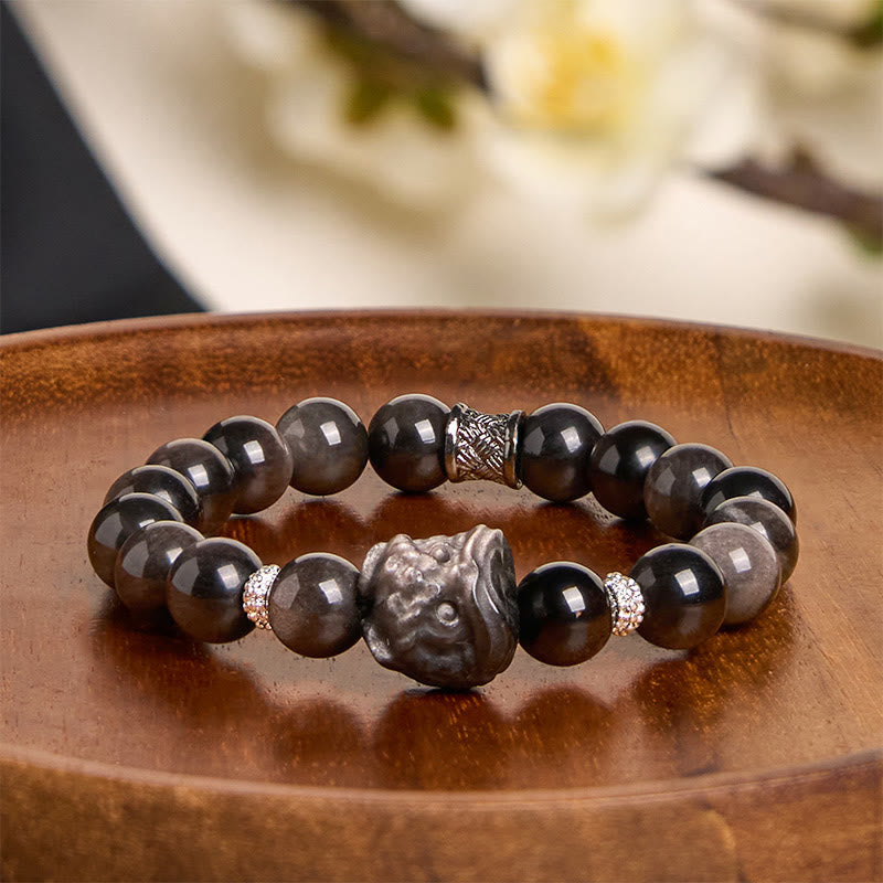 KarmaRipple's Authentic Silver Sheen Obsidian Lion Dance Protection Bracelet p3