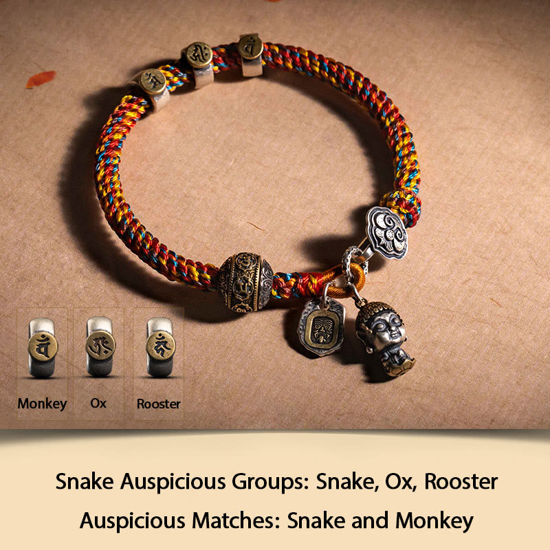 KarmaRipple's Handmade Tibetan 925 Sterling Silver Chinese Zodiac Natal Buddha Zakiram Goddess of Wealth Protection Multicolored Rope Woven Bracelet p49