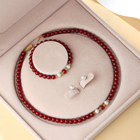 KarmaRipple's 925 Sterling Silver Authentic Cinnabar Pearl Blessing Pendant Necklace Bracelet Earrings Jewelry Set