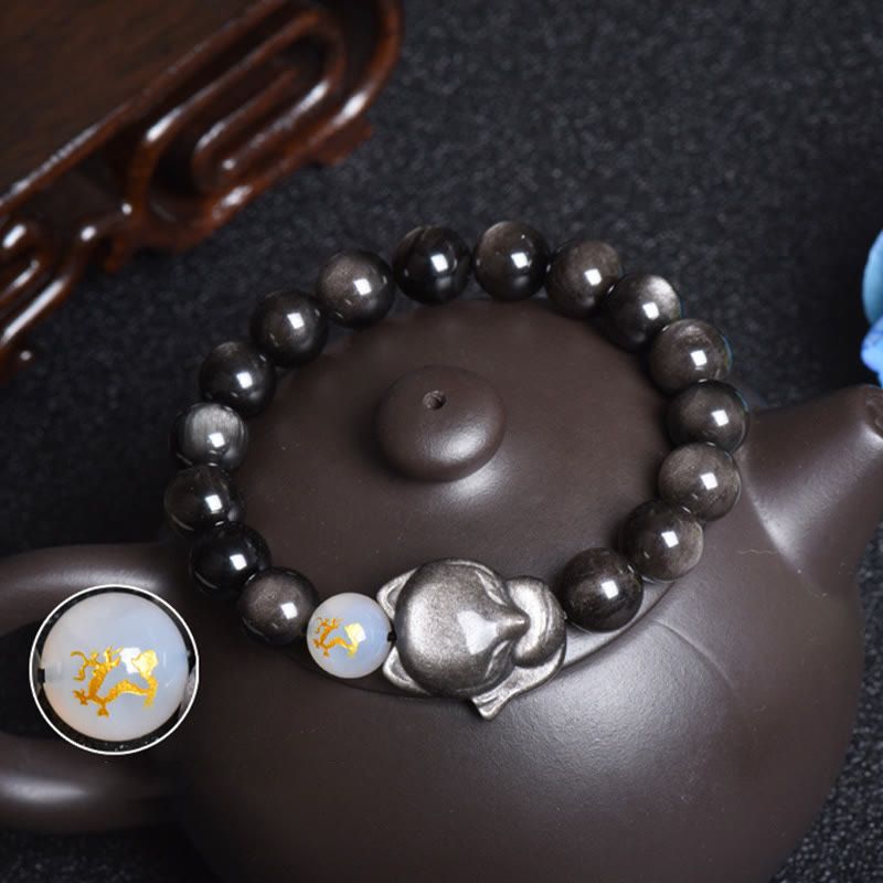 KarmaRipple's Authentic Rainbow Obsidian Gold Sheen Obsidian Silver Sheen Obsidian Fox Balancing Bracelet p18