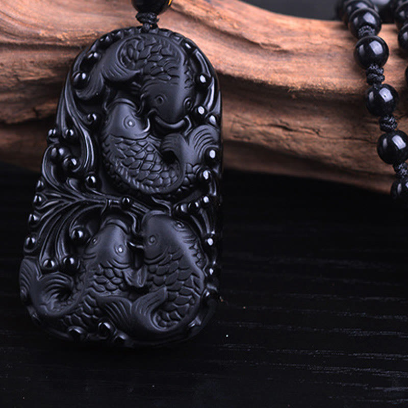 KarmaRipple's Black Obsidian Koi Fish Engraved Strength Beaded Pendant Necklace p14