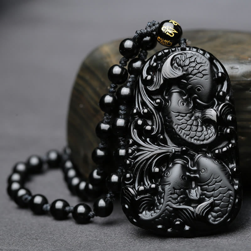 KarmaRipple's Black Obsidian Koi Fish Engraved Strength Beaded Pendant Necklace p4