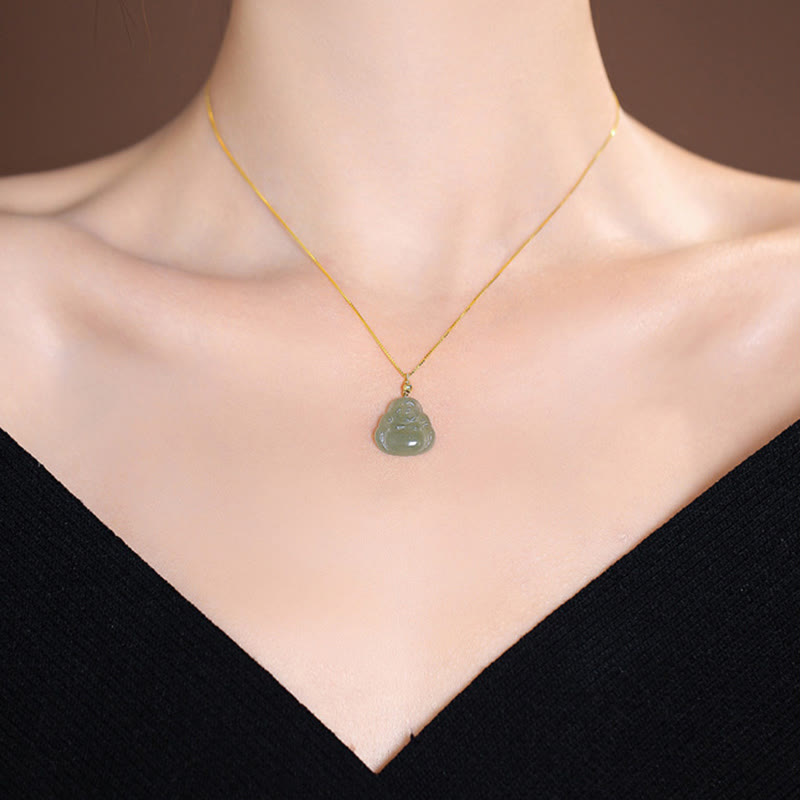 KarmaRipple's 925 Sterling Silver Authentic Hetian Jade Cyan Jade Fortune Laughing Buddha Butterfly Pendant Necklace p25