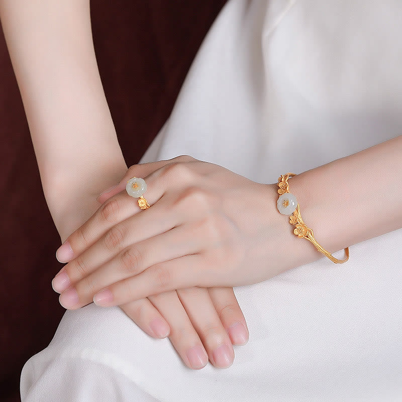 KarmaRipple's 925 Sterling Silver Plated Gold Hetian Jade Plum Blossom Fortune Pendant Necklace Bracelet Bangle Ring p16
