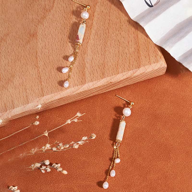 KarmaRipple's 925 Sterling Silver Posts Shoushan Stone Pearl Balancing Drop Earrings p2