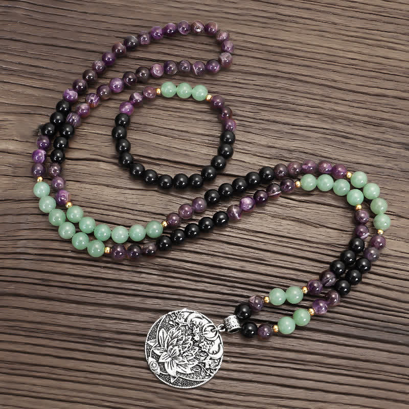 KarmaRipple's 108 Mala Beadwork Amethyst Green Aventurine Lotus Meditation Bracelet p3