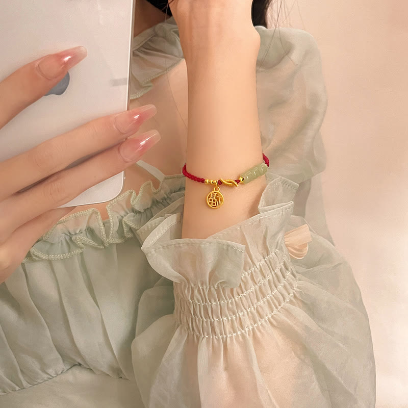 KarmaRipple's Handcrafted Jade Bead Fu Character Talisman Fortune Red Rope Bracelet p10