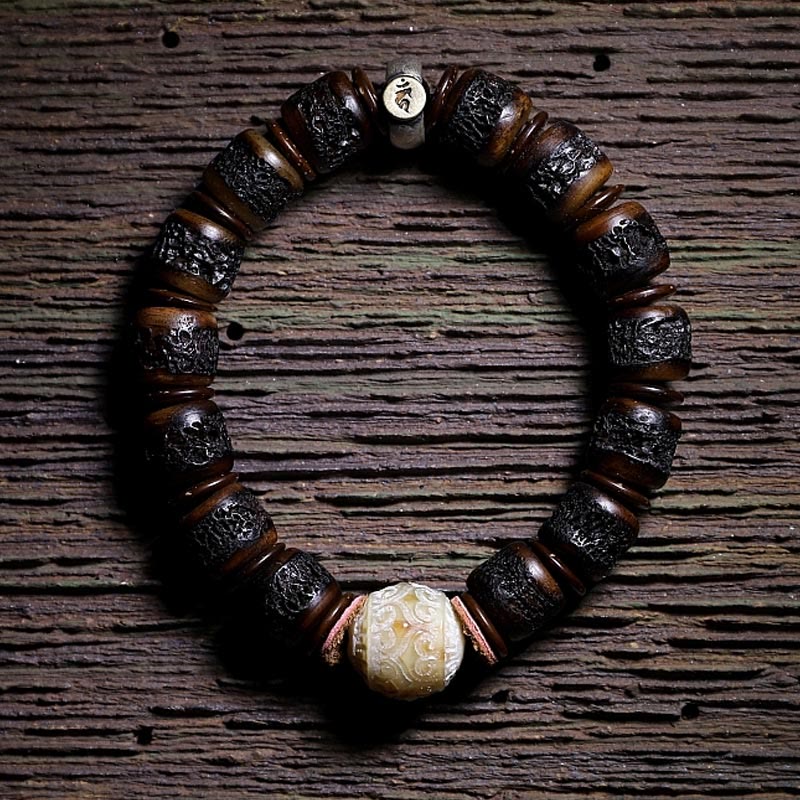 KarmaRipple's 925 Sterling Silver Chinese Zodiac Natal Buddha Handmade Tibet Yak Bone Strength Bracelet p47