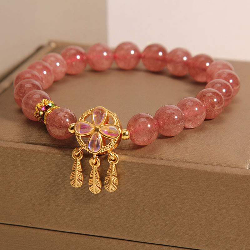 KarmaRipple's Authentic Strawberry Quartz Four Leaf Clover Dreamcatcher Talisman Love Bracelet p6