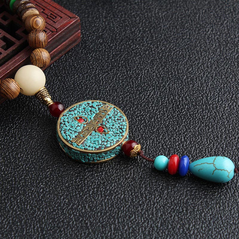 KarmaRipple's Turquoise Dzi Bead Prayer Wheel Wenge Wood Meditation Pendant p5