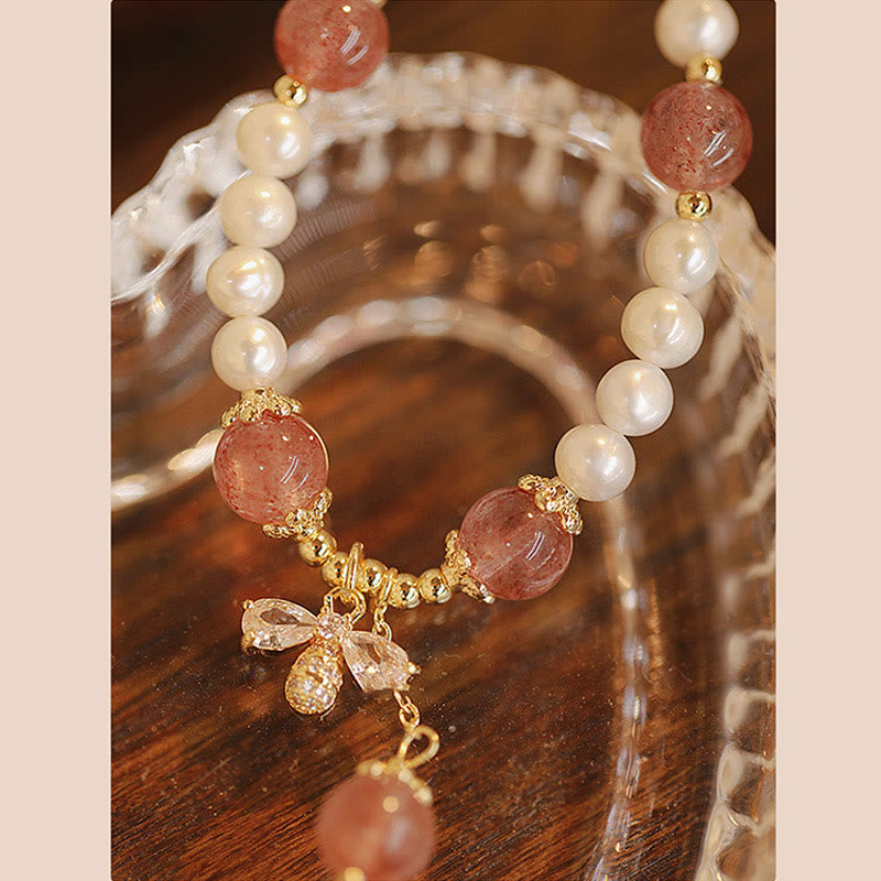KarmaRipple's Authentic Pearl Strawberry Quartz Balancing Cute Honey Bee Talisman Bracelet p5