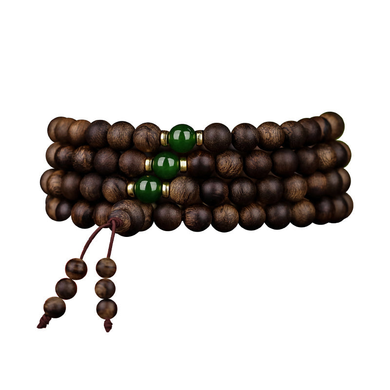KarmaRipple's 108 Mala Beadwork Indonesia Tarakan Rare Agarwood Cyan Jade Ward Off Evil Spirits Bracelet p26
