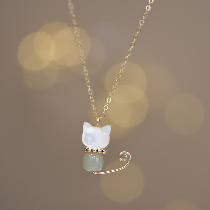 KarmaRipple's 14K Gold Plated Pearl Hetian Jade Shell Fortune Cat Kitten Pendant Necklace p6
