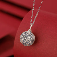 KarmaRipple's 990 Sterling Silver Fu Character Bronze Coin Fortune Fortune Chain Pendant Necklace
