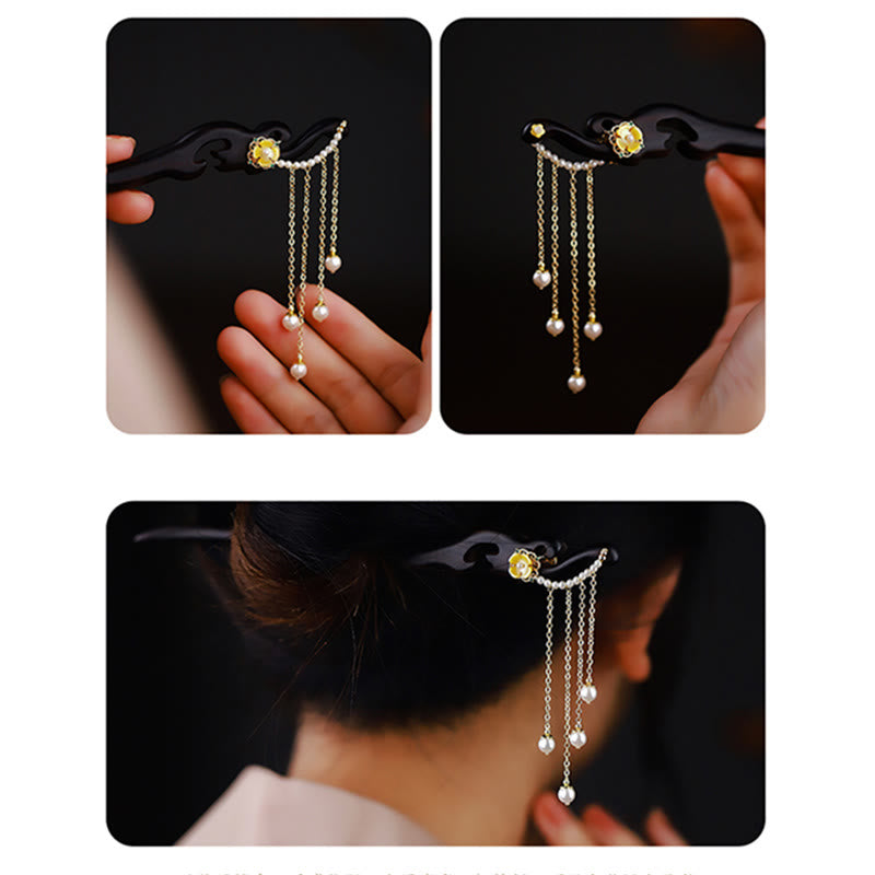 KarmaRipple's Ebony Wood Yellow Flower Pearl Tassels Hairpin p5