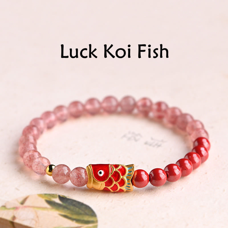 KarmaRipple's Authentic Strawberry Quartz Cinnabar Fortunate Koi Fish Balancing Bracelet p1