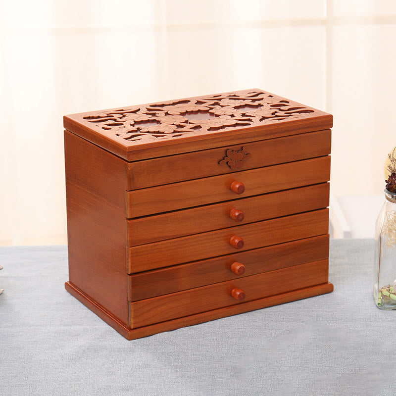 KarmaRipple's Large Capacity Vintage Flowers Carved Wooden Jewelry Box Six-Layer Jewelry Storage Box p10