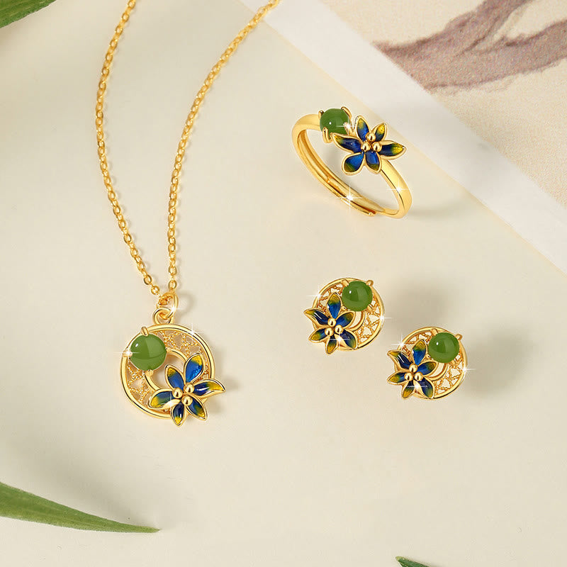 KarmaRipple's 925 Sterling Silver Authentic Hetian Cyan Jade Flower Fortune Pendant Necklace Ring Earrings Set p14