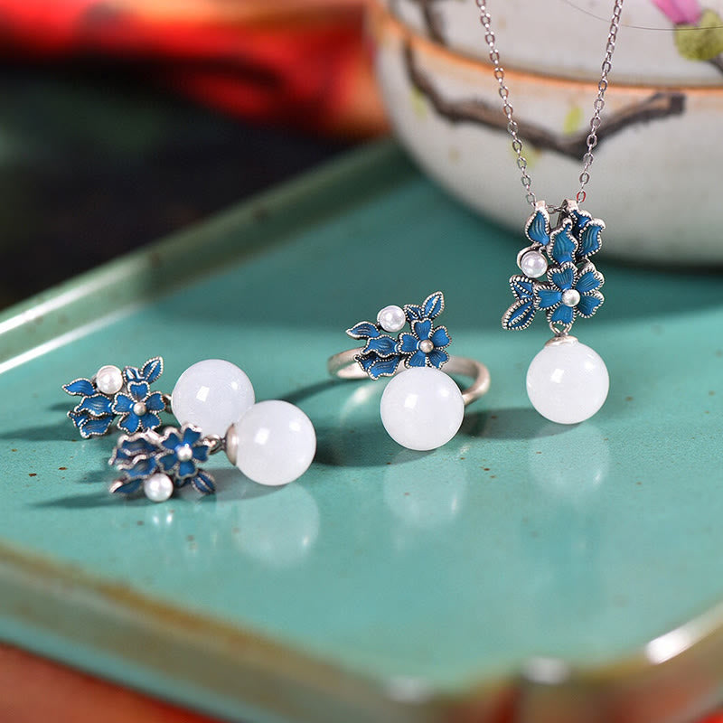 KarmaRipple's Ivory Jade 925 Sterling Silver Pearl Flower Blessing Pendant Necklace Ring Earrings p5