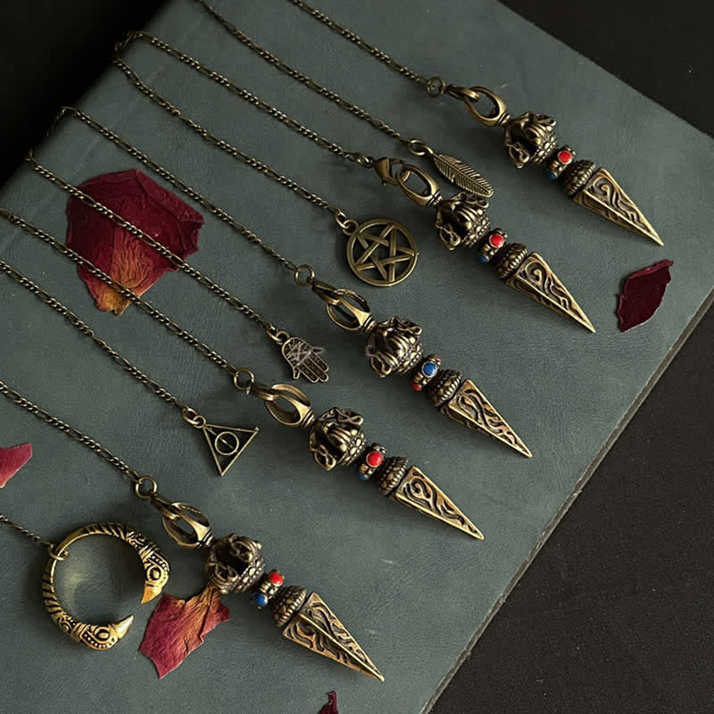 KarmaRipple's Pentagram Eye of God Feather Hamsa Bronze Balancing Pendant Necklace Pendulum p6