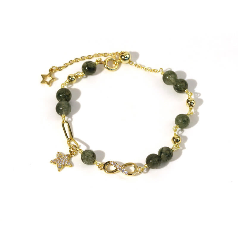 KarmaRipple's 14K Gold Green Rutilated Quartz M?bius Loop Eternal Love Star Protection Bracelet p1